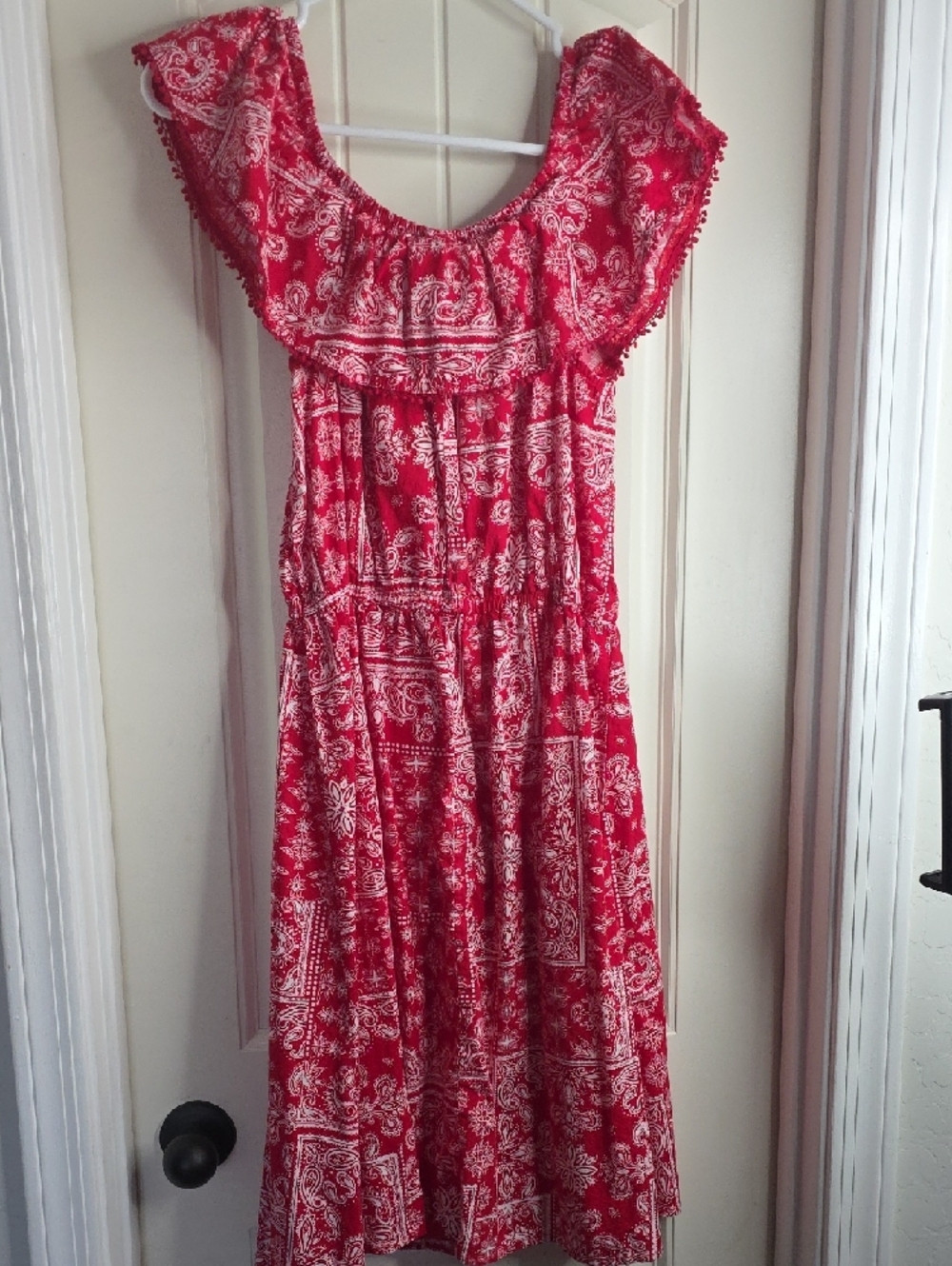 Faded Glory Red Paisley Ruffle-Off Shoulder Midi Dress - Picture 6 of 6